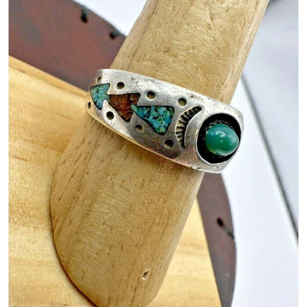 Navajo Coral & Turquoise Chip Sterling Silver Shadowbox Ring Sz 8.75 Signed MD